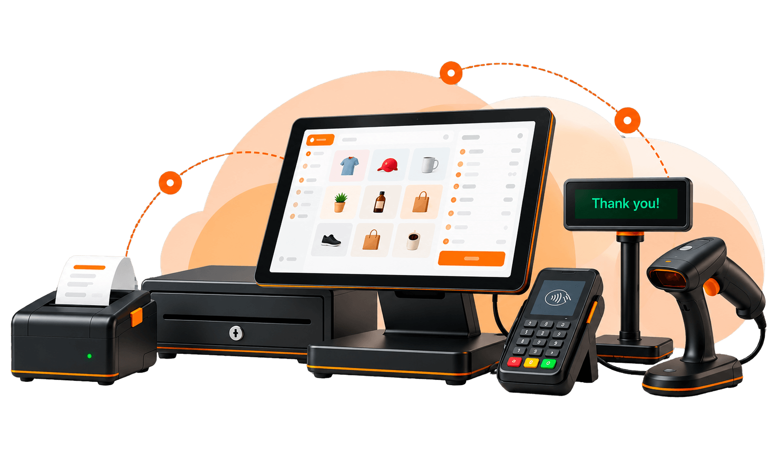 SparkPOS checkout with a receipt printer, cash drawer, card terminal, customer display and barcode scanner