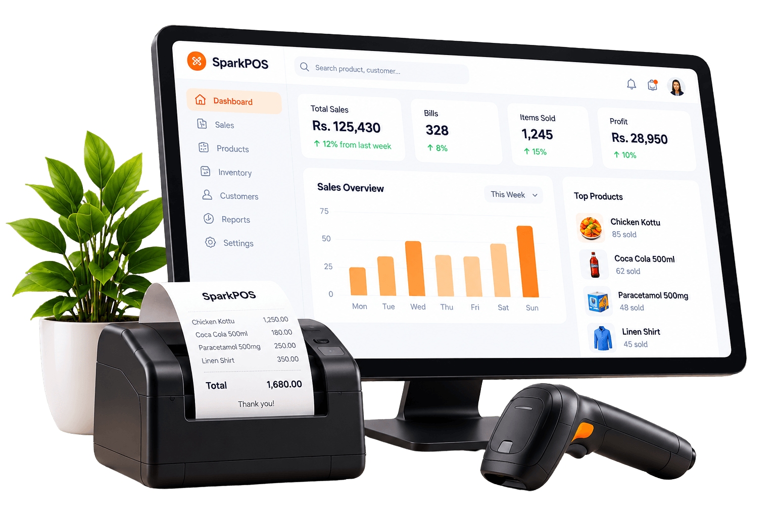 SparkPOS dashboard on a counter with a receipt printer and barcode scanner