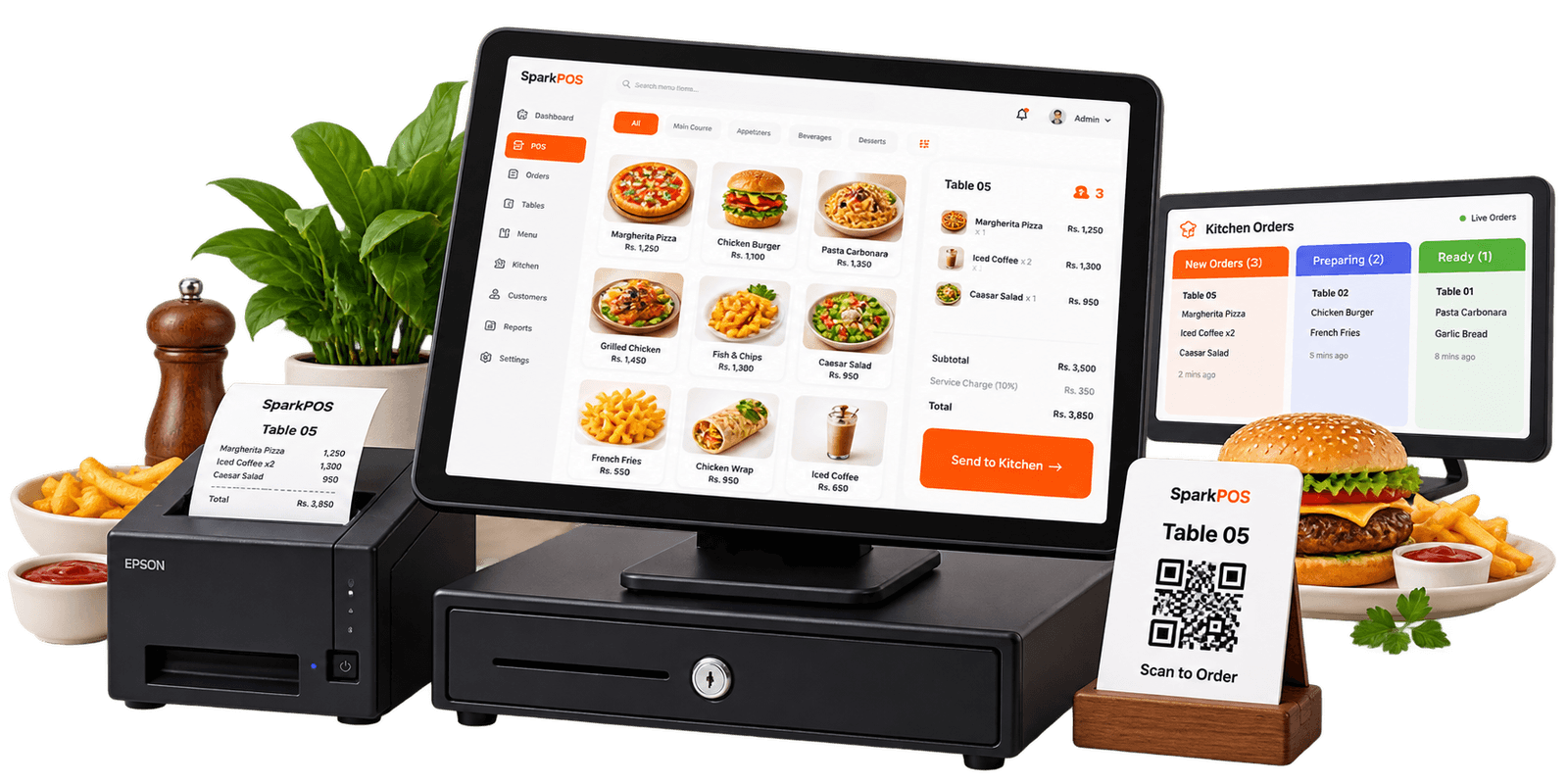 SparkPOS restaurant checkout with a picture menu, kitchen display, receipt printer, QR stand and food at the counter