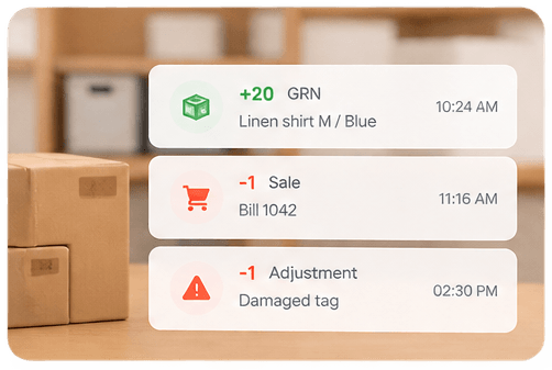 Stock movements for goods received, sales and adjustments